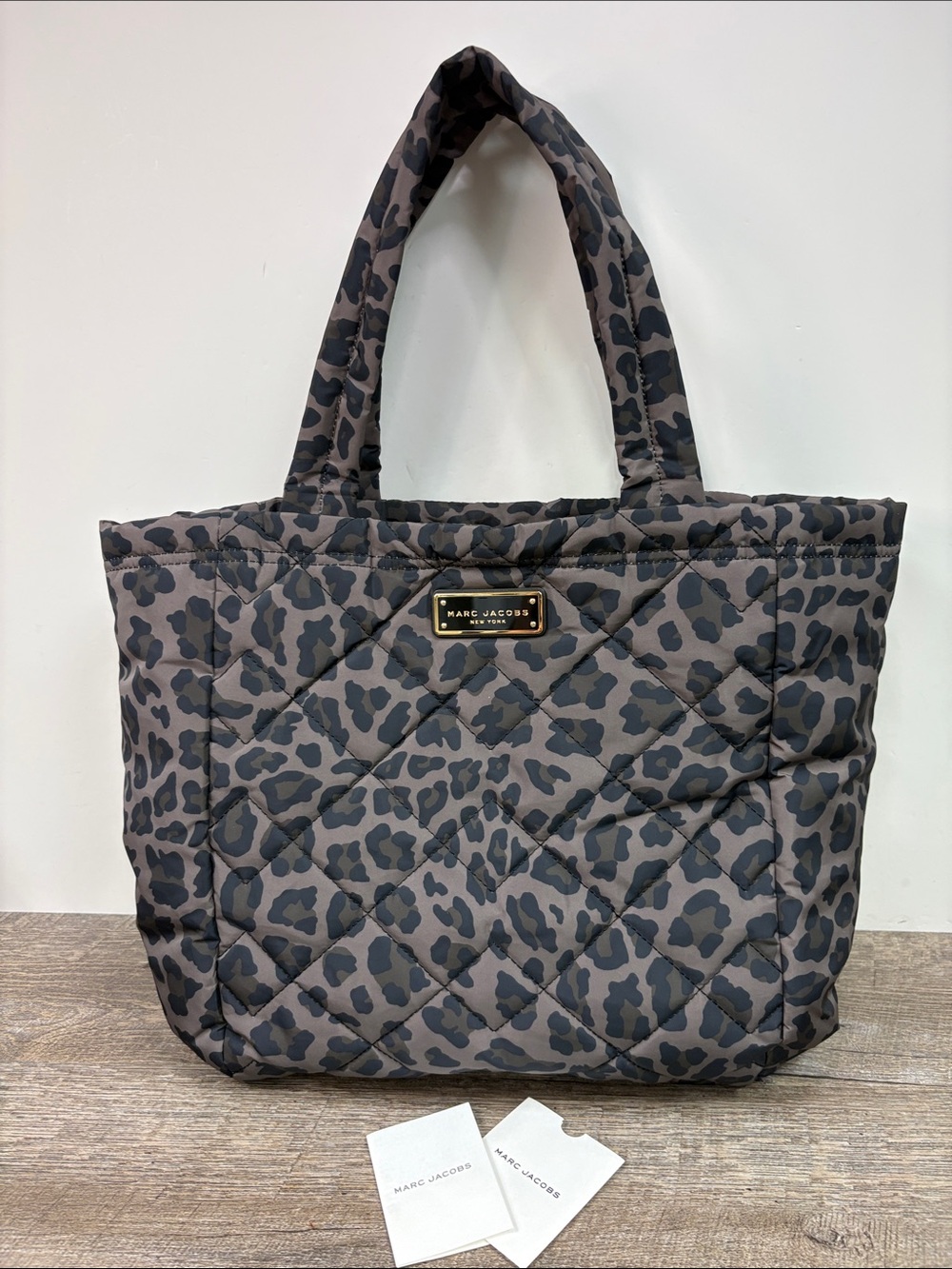 Marc Jacobs Quilted Leopard Print Nylon Tote Bag Gray Black